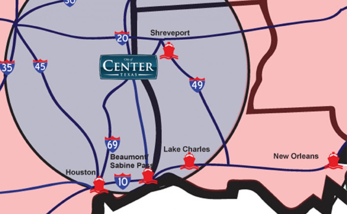 Map of port access points from Center, Texas
